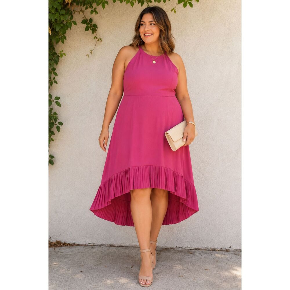 Kensie Pink Hi-Low Pleated Halter Dress Women’s Size 14 Sleeveless Lined NWT